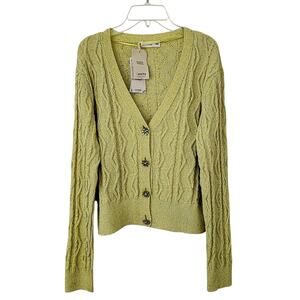 Mango Metallic Lurex Knitted Cardigan Lime Green Jewel Buttons New With Tags L